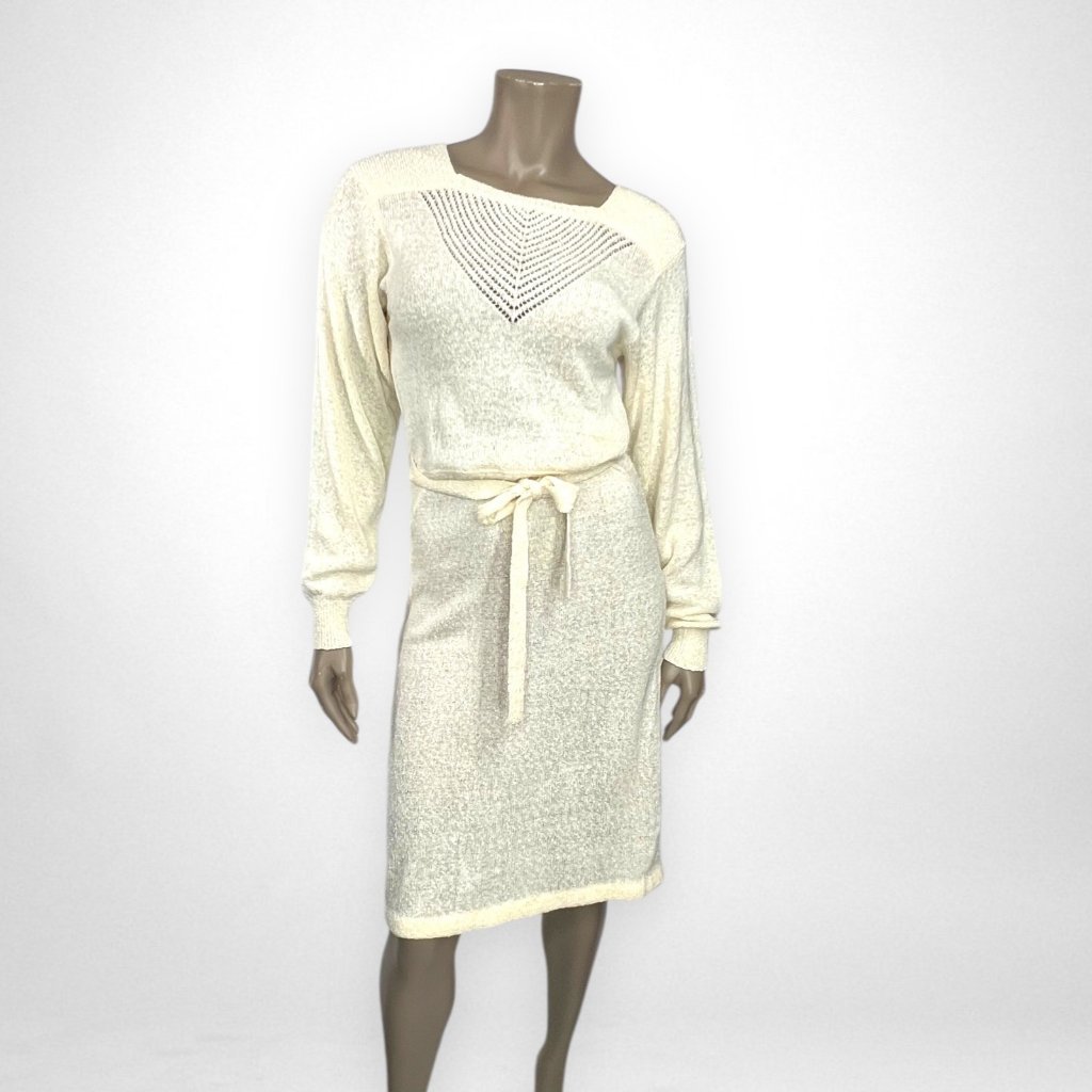 Vintage 70s Knit Long Sleeve Cream Dress M